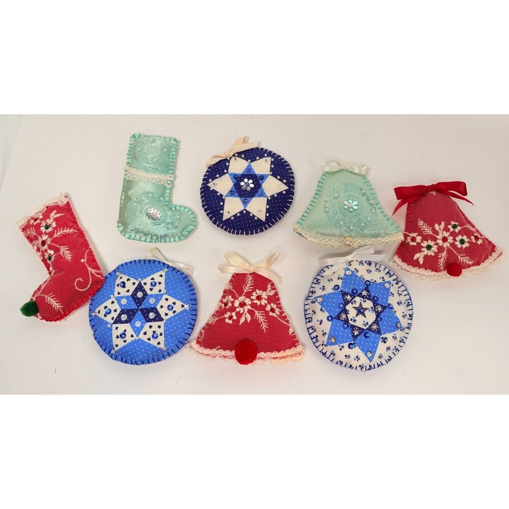 Vintage Lot of 8 Cloth Hand Sewn Beaded Embroidered Puffy Christmas Ornaments